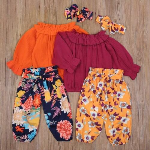 Toddler Baby Girl Fall Clothes Cute Off Shoulder Long Sleeve Top + Floral Pants + Headband 3Pcs Outfits Set