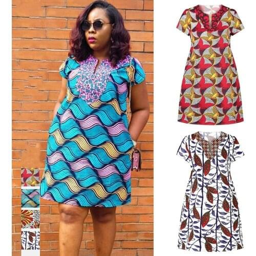 Summer V-neck Dress Ladies 2020 African Clothes 4Colors Plus Size Pocket Elegant Dashiki Print African Dresses for Women Robe