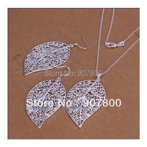 Cute design Silver color leaf pendant necklace earrings Fashion Jewelry Set Beautiful wedding gift Top quality for woman