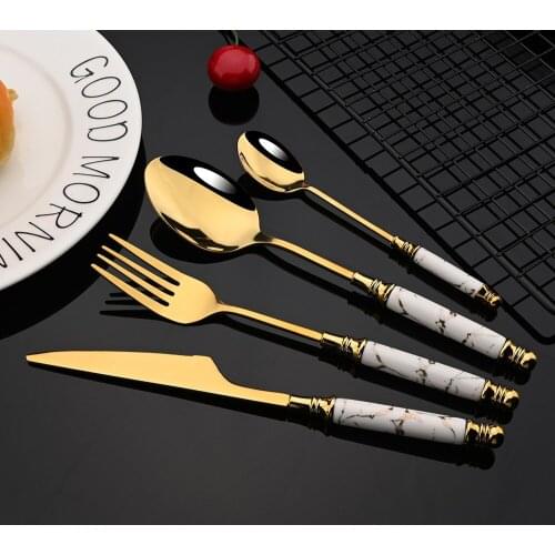 2/4/6Set Ceramic Tableware Fork Spoon Knife Set Vintage Cutlery Set Stainless Steel Dinner Dinnerware Set White Marble Handle