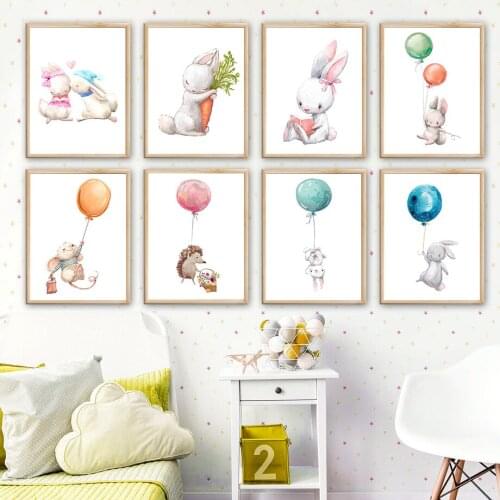 Bunny Hedgehog Mouse Carrot Balloon Wall Art Canvas Painting Nordic Posters And Prints Wall Pictures Kids Room Nursery Decor
