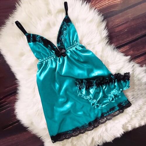 New Plus Size Women Deep V-Neck Eyelash Sleep tops Sexy Lace Satin Vintage Nightdress Camisole Temptation Bowknot Underwear Set