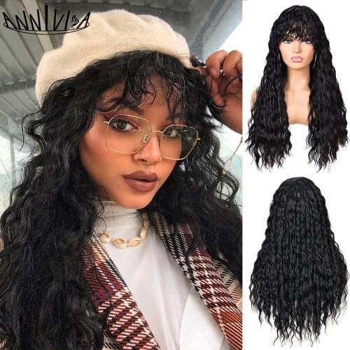 Long Hair Kinky Curly Wigs With Bangs For Black Women Natural Glueless Water Wave Heat Resistant Wavy Hair Synthetic Wig Annivia