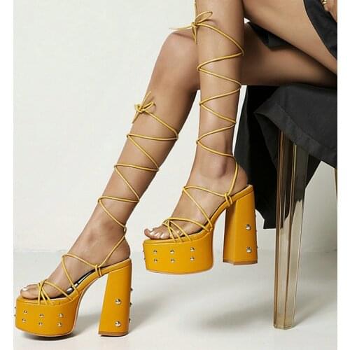 Black Yellow Beige Gladiator Women Sandals Platform Super Square High Heel Women Sandals Cross Tied Party Womens Shoes Big Size