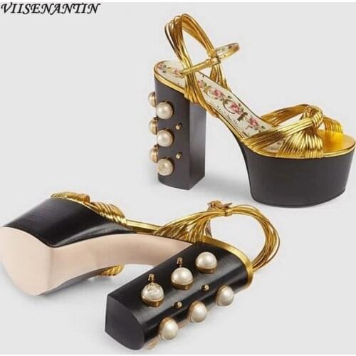 Summer new thick-soled metal pearl thin strap super high heel sandals large size thick heel fish mouth womens shoes