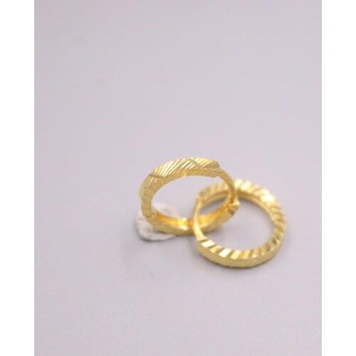 Real 18K Yellow Gold Earrings For Women Carved Line Luck Real Gold Hoop Earrings 13mmDia Gift Small Circle Gift