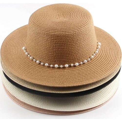 Summer sunscreen sun hat ladies Korean version of the sunshade small flat top hat outdoor beach straw hat pearl chain wholesale