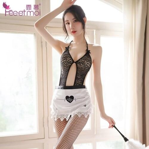 Sexy temptation maid cosplay Erotic stockings set cute french maid uniform apron porno japanese lingerie sex play costume