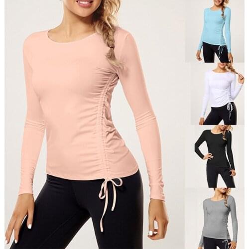 Slim Round Neck Solid Color T-Shirt Elastic Drawstring Womens Casual Top Long Sleeve Sexy Slim T-Shirt