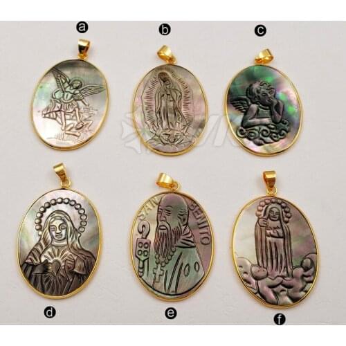 WT-P1254 Wholesale NEW Freshwater shellfish Pendant With Gold plating caved Goddess,Holy Virgin(mother),Madonna,Jesus,angle,sage