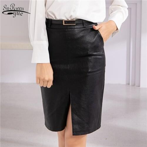 PU Leather Solid Split Skirts Women High Waist Straight Midi Skirts Office Lady 2020 Summer Skirt Female Black With Belt 9869