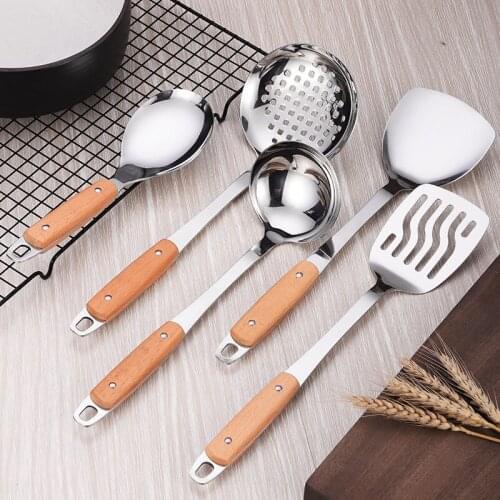 Stainless steel wooden handle frying spatula household porridge spatula leaky cooking spatula kitchenware spoon