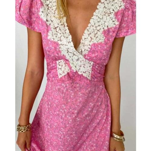 Boho Inspired floral print lace neckline waist tie sexy women dress midi elegant party dress new pink dress for women party