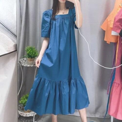 French square collar dress womens 2021 summer vintage sweet gentle bubble sleeve thin loose dress Straight Bow dress
