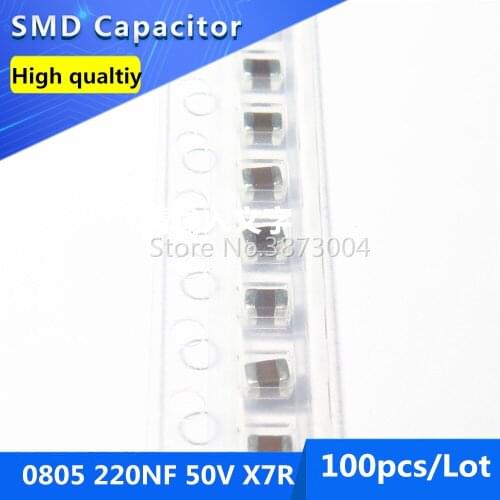 100pcs SMD Thick Film Chip Multilayer Ceramic Capacitor 0805 220NF 50V X7R 10