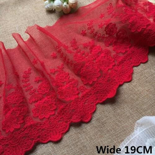 19CM Wide Luxury Tulle Red Mesh Embroidered Flowers Ribbon Lace Material Dress Collar Trim DIY Curtains Garment Sewing Supplies