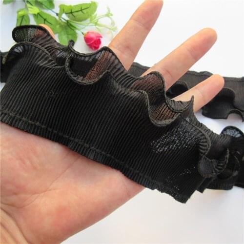 1 Meter 2-layer Elastic Pleated Chiffon Lace Ruffle Trim Ribbon Fabric Sewing Craft For Costume Dress Decoration Black 7cm Wide