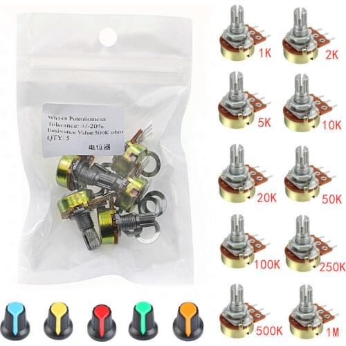 5pcs/lot WH148 Potentiometer Single Linear with knobs 1K 2K 5K 10K 20K 50K 100K 250K 500K 1M