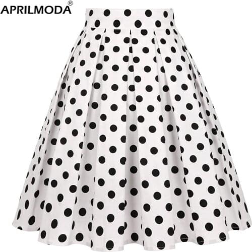 White Cotton Women Office Tunic Midi Skirts High Waist Polka Dot Print Kawaii Summer Korean Style Retro Vintage 50s 60s Skater