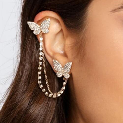 Shiny Rhinestone Temperament Fringe Ladies Earrings Jewelry Personality Trend Crystal Butterfly Ear Clip Ear Accessories
