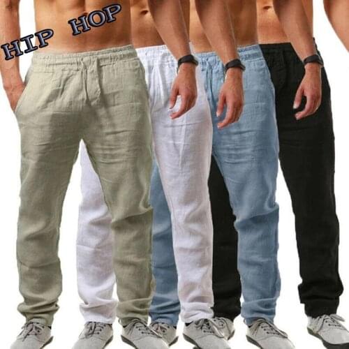 2021 Outdoor Summer Men Linen Trousers Elastic Waist Loose Hip Hop Male Cargo Pants Casual Fitness Streetwear