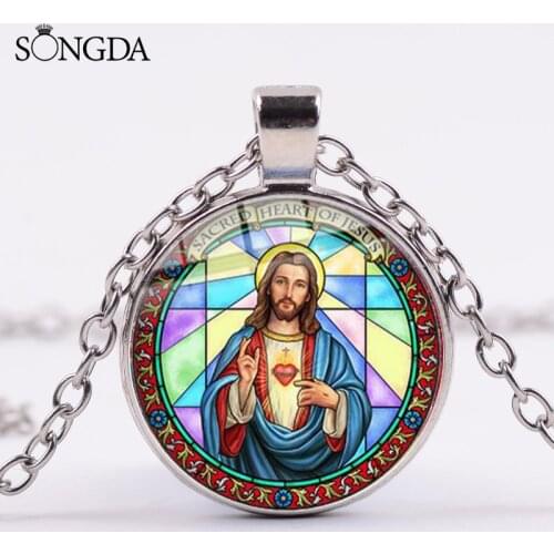 High Quality Christian Jesus Faith Chain Necklace Jesus Fish Cross Art Picture Glass Cabochon Necklaces Pendants Souvenir