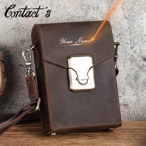 Contacts Free Engraving Causal Men Crossbody Bag Crazy Horse Leather Shoulder Bag Luxury Brand Male Handbags with Phone Pouch