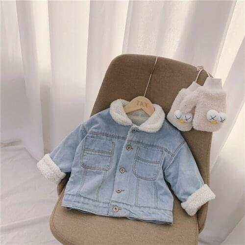 Childrens Lamb Coat 2019 Autumn Winter New Toddler Clothes Baby Boys and Girls Casual Denim Jackets Kis Velvet Thick Warm Coats