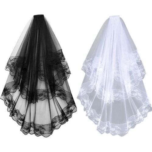 2 Tier Women Girls Halloween Cosplay Wedding Veil Scalloped Floral Lace Trim Double Layer Tulle Mesh Party Costume with Comb
