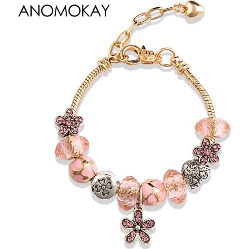 European & American Trendy Pink Crystal Flower Charm Bracelets & Bangles Rose Gold Color Heart Lobster Bead Bracelet for Women