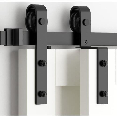 Bypass Sliding Door Barn Rail Door Hardware Track Bent Hanger System Hardware Kit, Single Track, Double Wooden Doors Kit