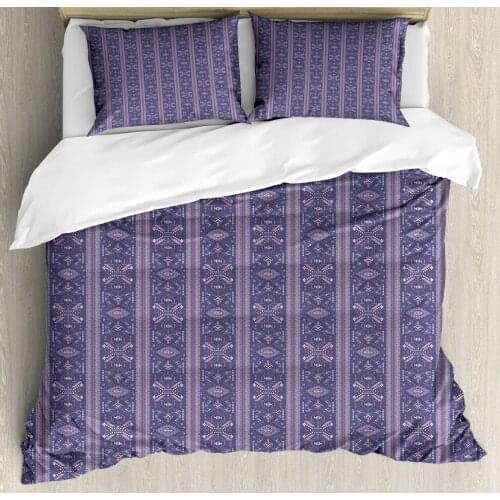 Oriental Duvet Cover Set Traditional Eastern Inspired Shapes 3 Piece Bedding Set Dark Indigo Mauve