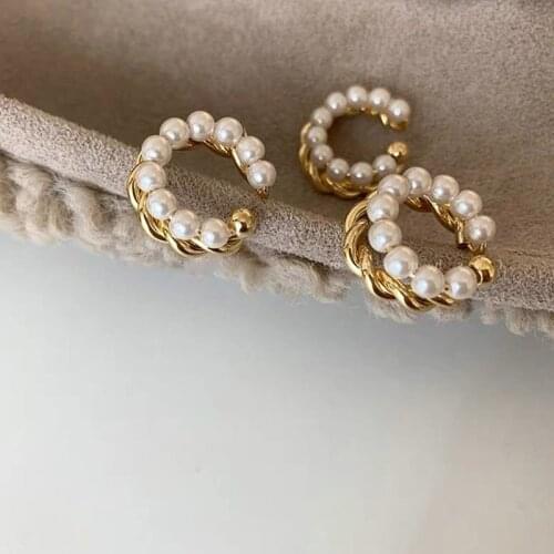 Korean Gold Color Double Circle Twist Pearl Ear Cuff Vintage Geometric Circle Earcuff Fake Piercing Pearls Clip on Earings