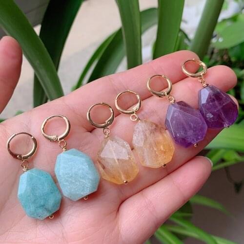 Healing Jewelry Natural Quartz Stone Earrings for Women Ear Loop Nuggets Drop Amethysts Amazonite Citrines Pink Crystal Earring
