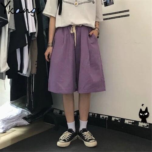 Summer 2021 Women Purple Solid Korean Casual Streetwear Wide Leg Shorts Harajuku High Waist Ulzzang Cycling Capri Shorts Female