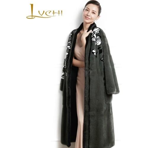 LVCHI 2019 Pre sale Swan Velvet Mink Fur Coat Full Sleeve Real Fur Coats Print Patchwork Flower Women V-Neck Long Mink Fur Coats