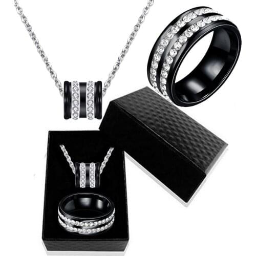 Trendy Stainless Steel Double Drainage Drill Three-Color Pendant Necklace Ring Jewelry Sets For Women Wholesale Gift Box