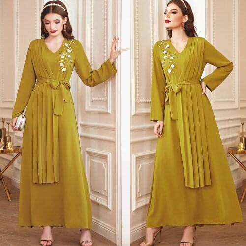 Muslim Abaya Handmade Beading Long Dress Arab Ramadan Islamic Maxi Robe V-neck Elegant Party Evening Moroccan Turkish Ramadan