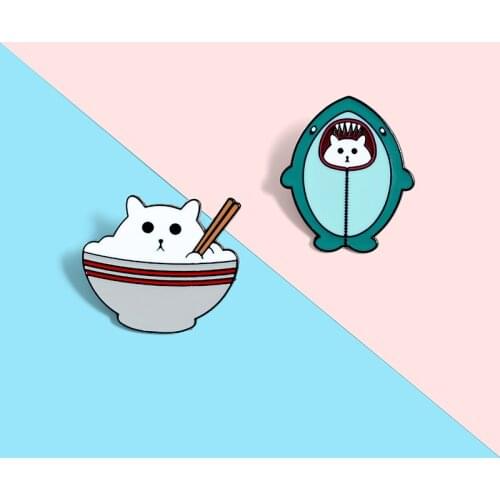 Cartoon New Shark Cat Eating Rice Chopsticks Badge Cute Brooch Fashion Jewelry Gift Korean Creative Wave Student