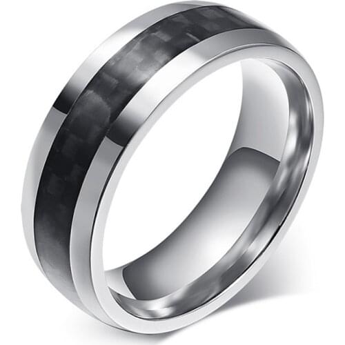 New Fashion Carbon Fiber Mens Jewelry Stainless Steel Ring Classic Christmas Gift for Male 8mm