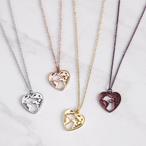 Mavis Hare New Travel the World Necklace Heart Pendant Stainless Steel Chain Necklace for Drop shipping as Valentines Day Gift
