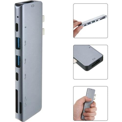 POHIKS 1pc Portable 7-in-1 Dual Type-C Docking Station 5Gbps High Speed USB 3.0 Hub Splitter Adapter For PC Laptop