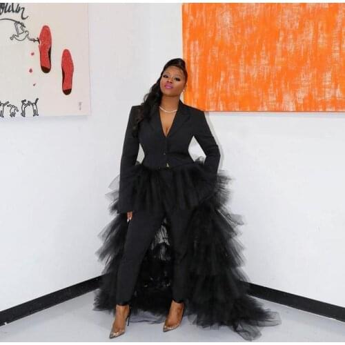 Modern Black Pant Suit Women Prom Dresses Evening Gowns with Tiered Tulle Train V Neck Long Sleeves Formal Outfit Vestidos