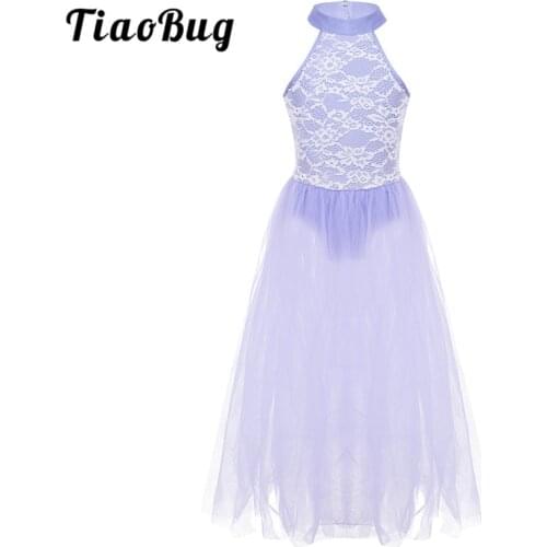 TiaoBug Kids Girls Sleeveless Lace Mesh Long Tutu Ballet Leotard Dress Children Performance Competition Lyrical Dance Costumes