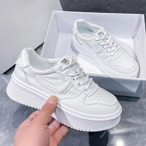 2021 Women White Sneakers Ladies Breathable Vulcanized Shoes Female Lace Up Platform Flat Woman Walking Casual Sports Footwear