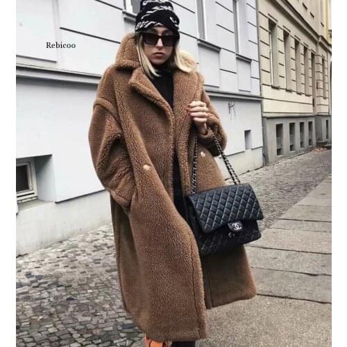 Women Thick Long Jackets Winter Warm Female Lambswool Coats Turn Down Collar Single Button Loose Solid Outwear