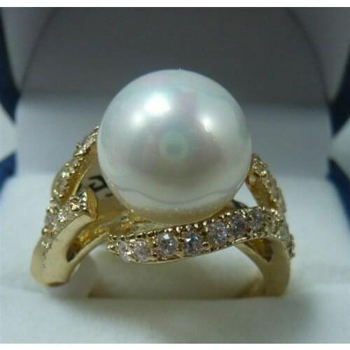 Pretty 18KGP 12MM White Shell Pearl Women' s Ring size #6#7#8#9
