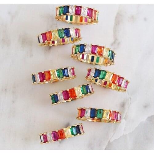 Colorful rainbow baguette cubic zirconia cz Gold filled engagement band ring for women USA drop shipping cheap female jewelry