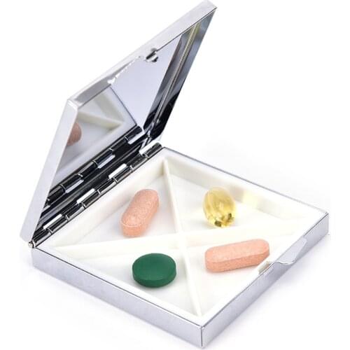 1PCS 60*67*12.5mm Metal Square Pill Storage Box Silver 4 Grid Moistureproof Medicine Holder Color