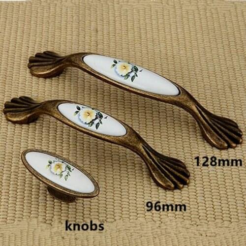 128mm vintage distress bronze dresser kitchen cabinet door handle camellia ceramic drawer knob pull 5" retro rural furniture